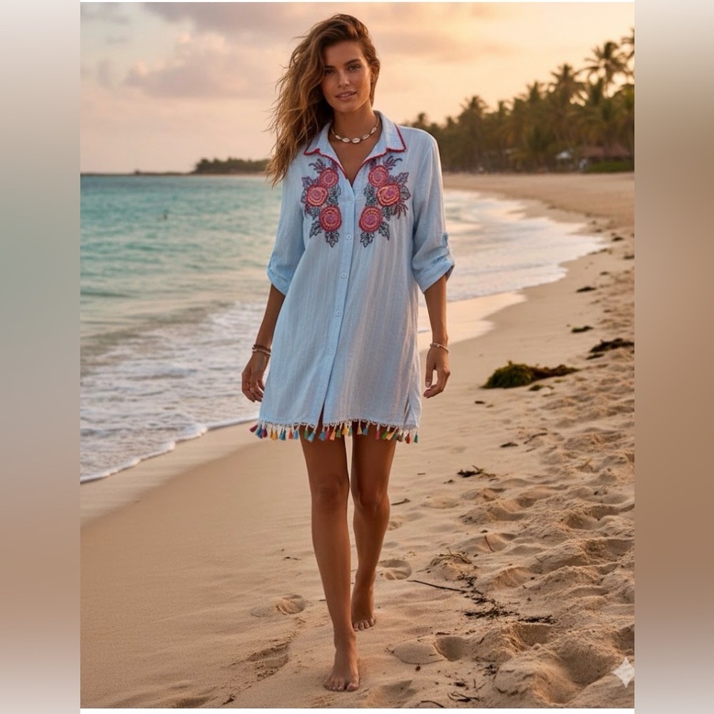 VELZERA  Embroidered Beaded Tunic Top size medium